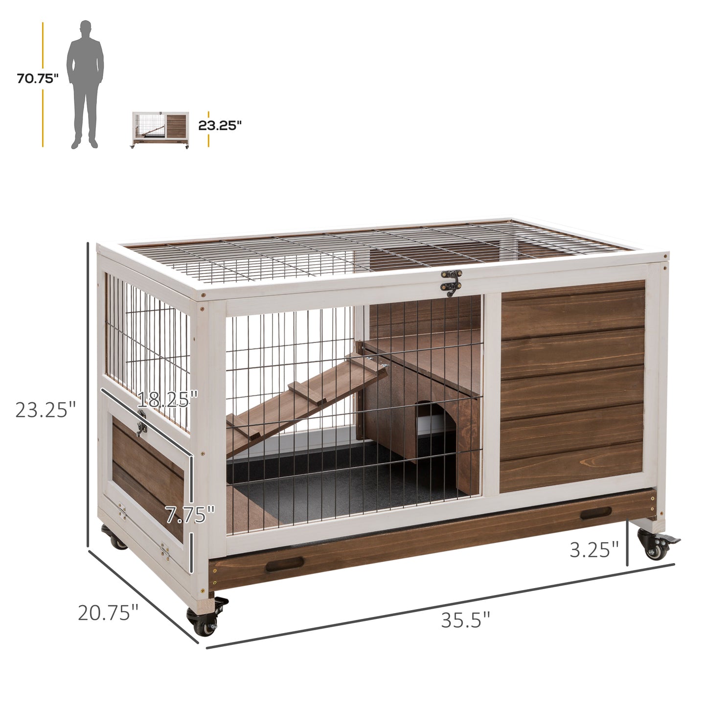Wooden Indoor Rabbit Hutch Elevated Bunny Cage Habitat with Enclosed Run with Wheels, Ideal for Rabbits and Guinea Pigs,