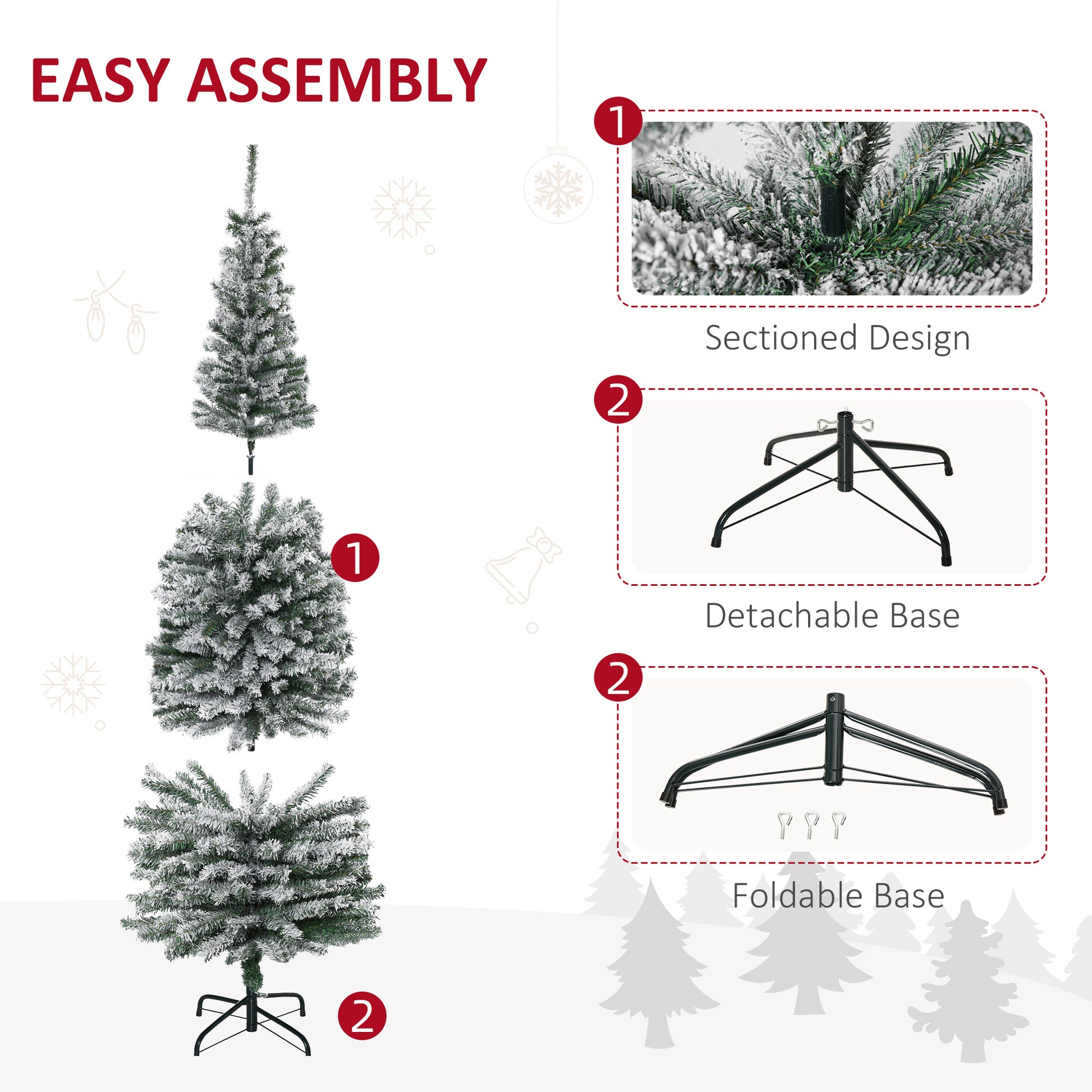 6ft Flocked Christmas Tree, Pencil Christmas Tree with Realistic Branch Tips, Folding Metal Stand, Green
