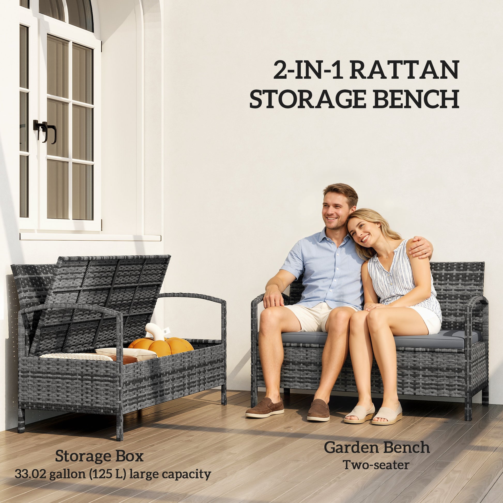 33 Gallon Outdoor Storage Bench, Wicker Deck Box Patio Bench Seat with Cushion, Grey