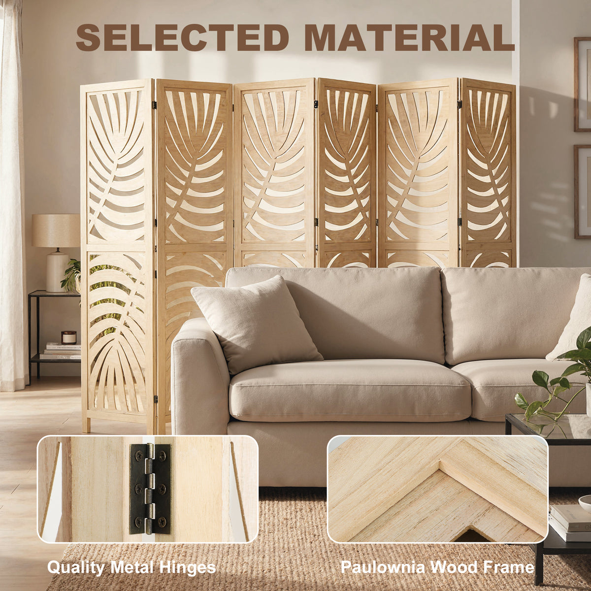 6 Panel Room Divider, Detachable Folding Privacy Screens with Palm Leaf Design for Home Office, Natural Wood