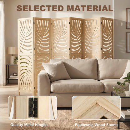 6 Panel Room Divider, Detachable Folding Privacy Screens with Palm Leaf Design for Home Office, Natural Wood