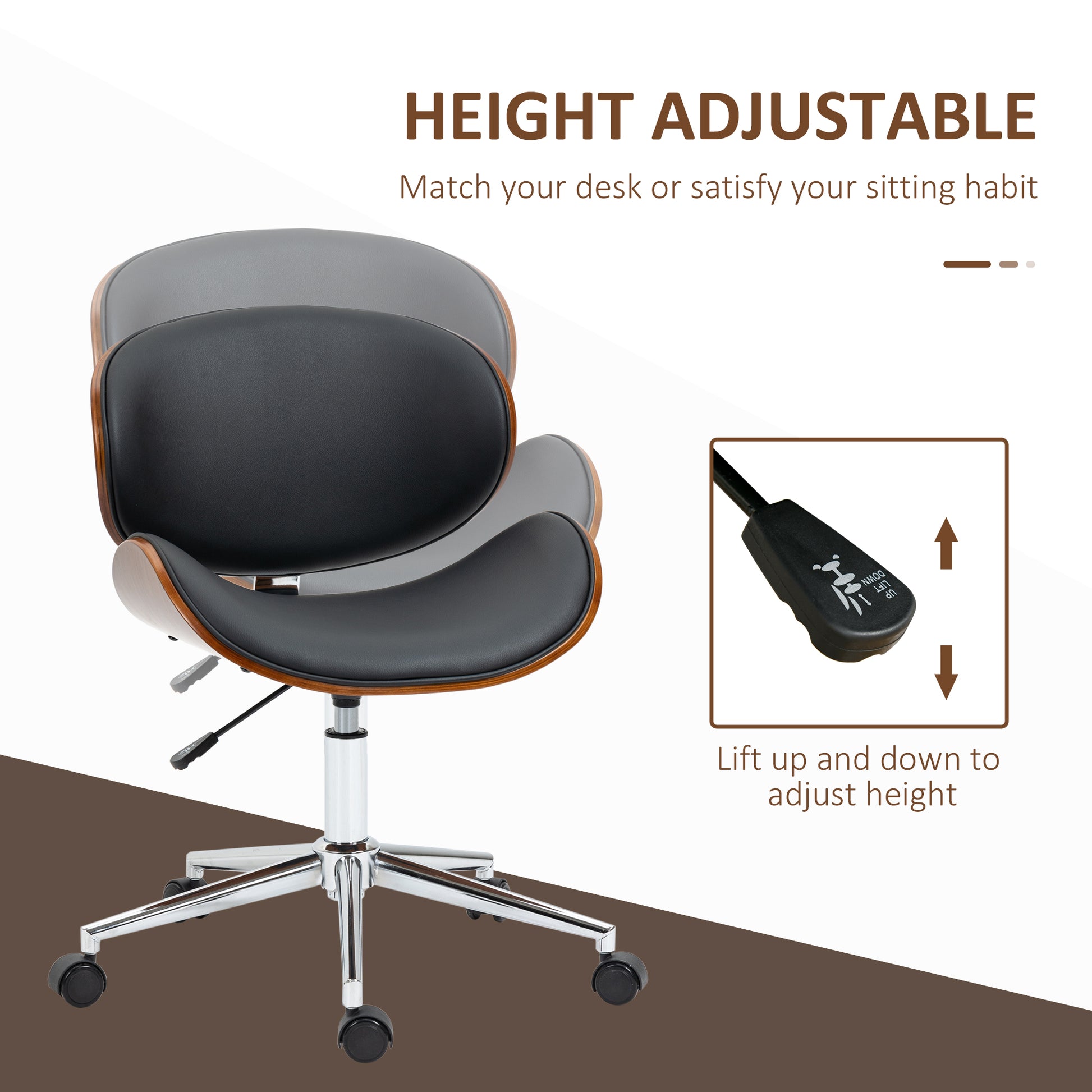 Office Chair, Faux Leather and Bentwood Computer Desk Chair with 360 Degree Swivel Wheels, Adjustable Height and Curved 