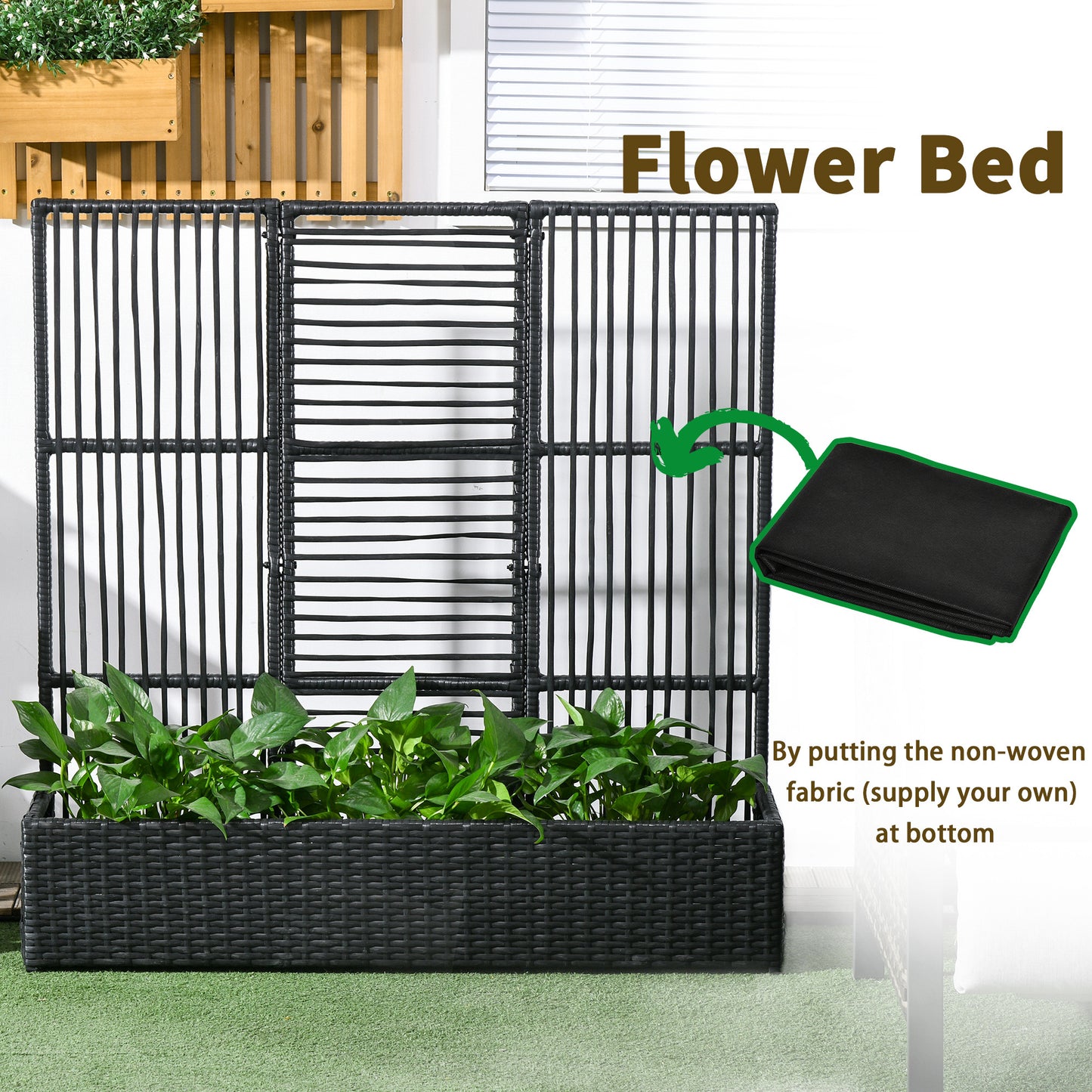 Raised Garden Bed with Lattice Trellis, Rattan Outdoor Planter with Storage for Garden, Patio, Balcony, Black