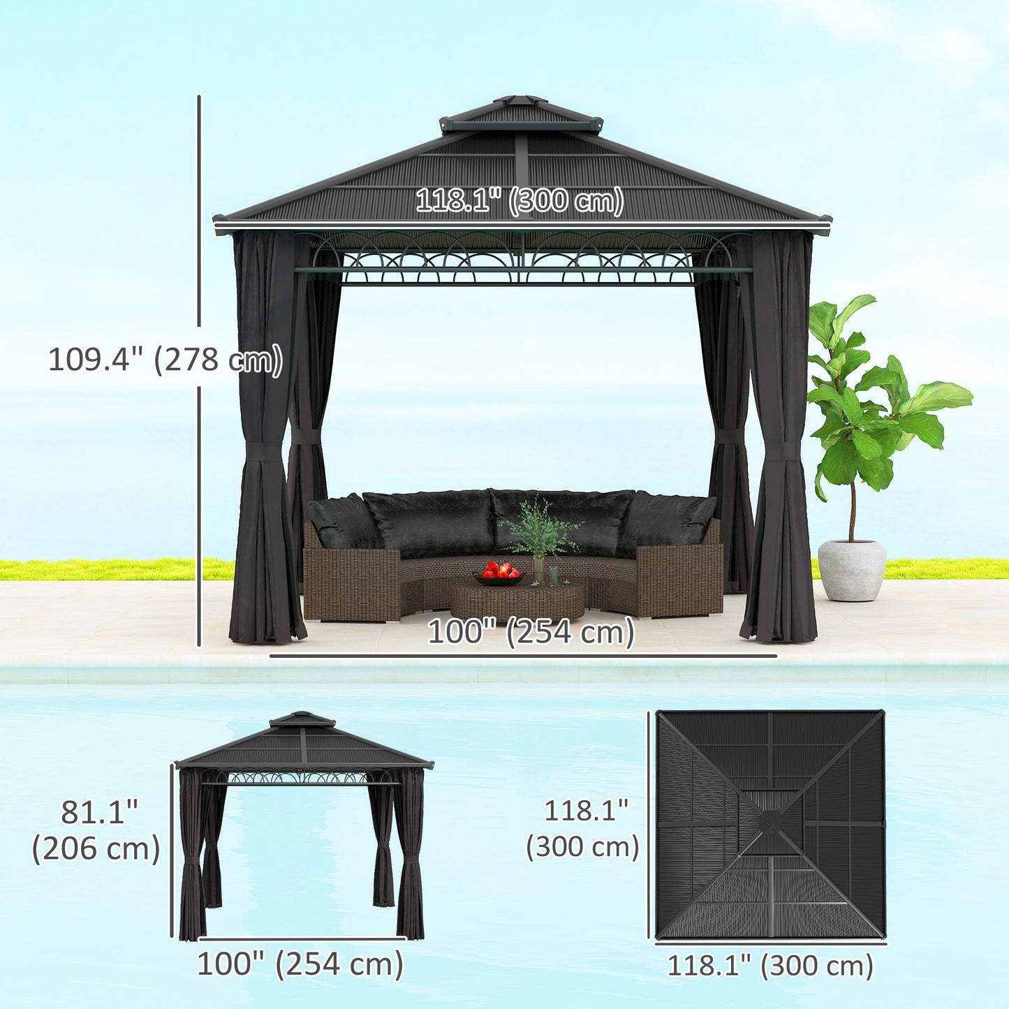 10' x 10' Outdoor Hardtop Gazebo Canopy with Double PC Roof, Steel Frame, Nettings, Curtains for Garden Lawn Deck, Black
