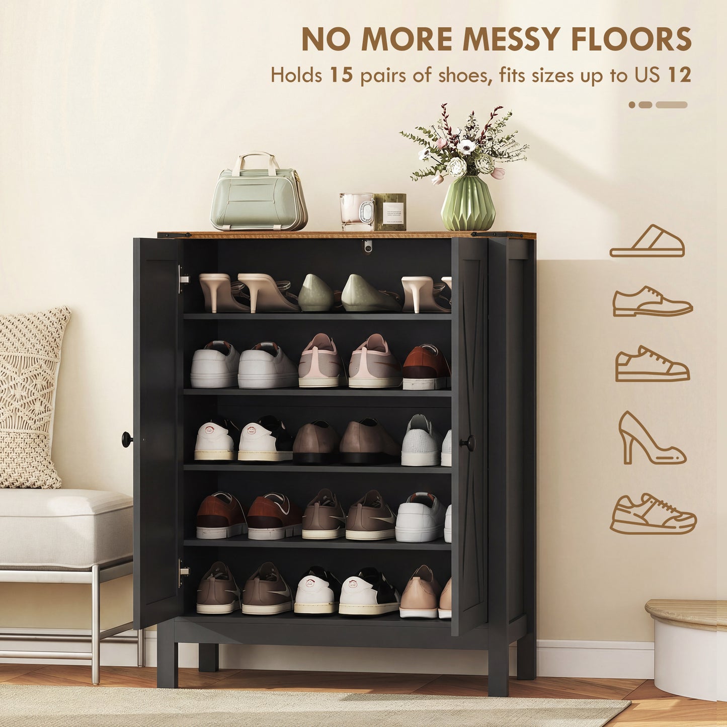 Shoe Cabinet with Barn Doors, Farmhouse Shoe Storage Cabinet with Adjustable Shelves, Holds up to 15 Pairs, Black