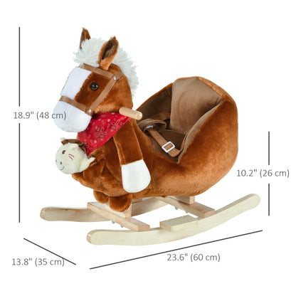 Qaba Baby Rocking Horse, Plush Animal Rocker for Toddlers Aged 18-36 Months, Stuffed Ride Toy with Hand Puppet, Sounds, 