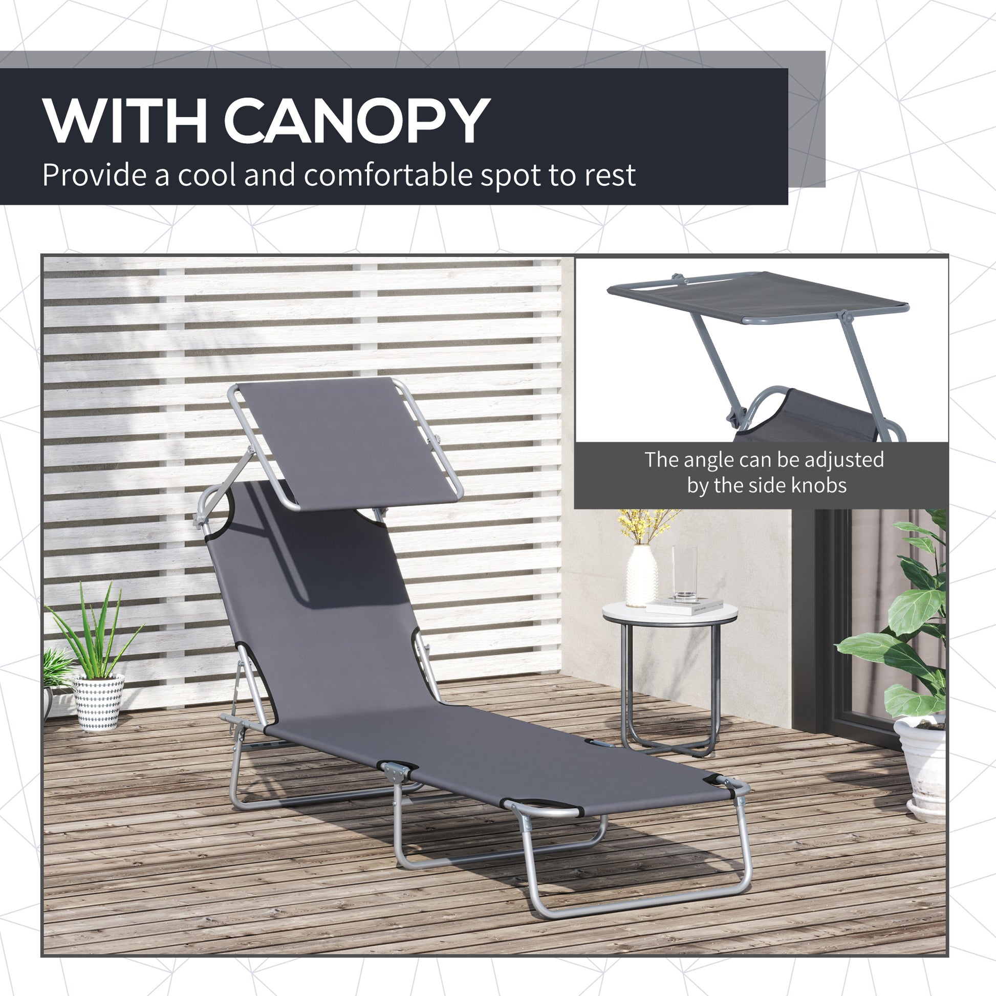Outdoor Lounge Chair, Adjustable Folding Chaise Lounge,  Tanning Chair with Sun Shade for Beach, Camping, Hiking, Backya