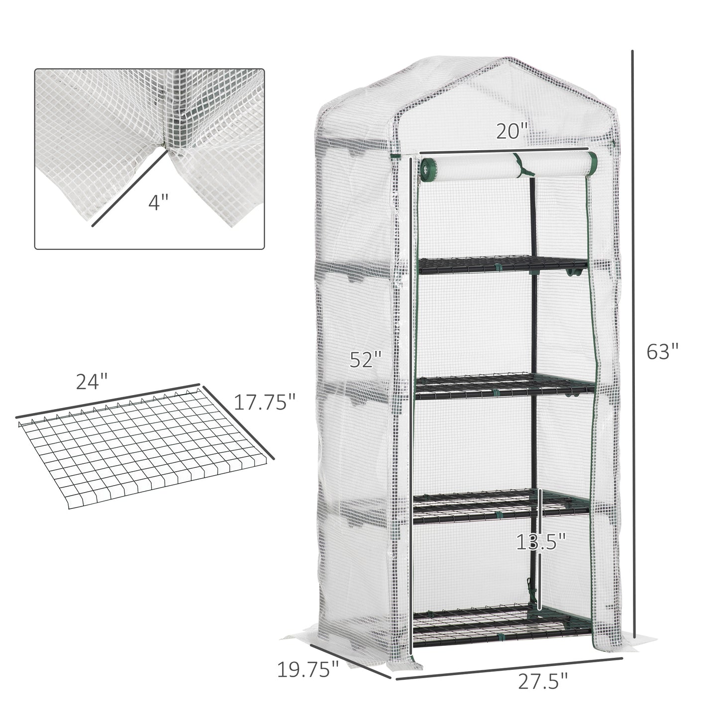 Portable Greenhouse Outdoor Hot House with 4 Tier Shelves, Steel Frame, PE Cover, 28" x 20" x 63" , White