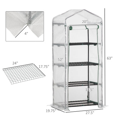 Portable Greenhouse Outdoor Hot House with 4 Tier Shelves, Steel Frame, PE Cover, 28" x 20" x 63" , White