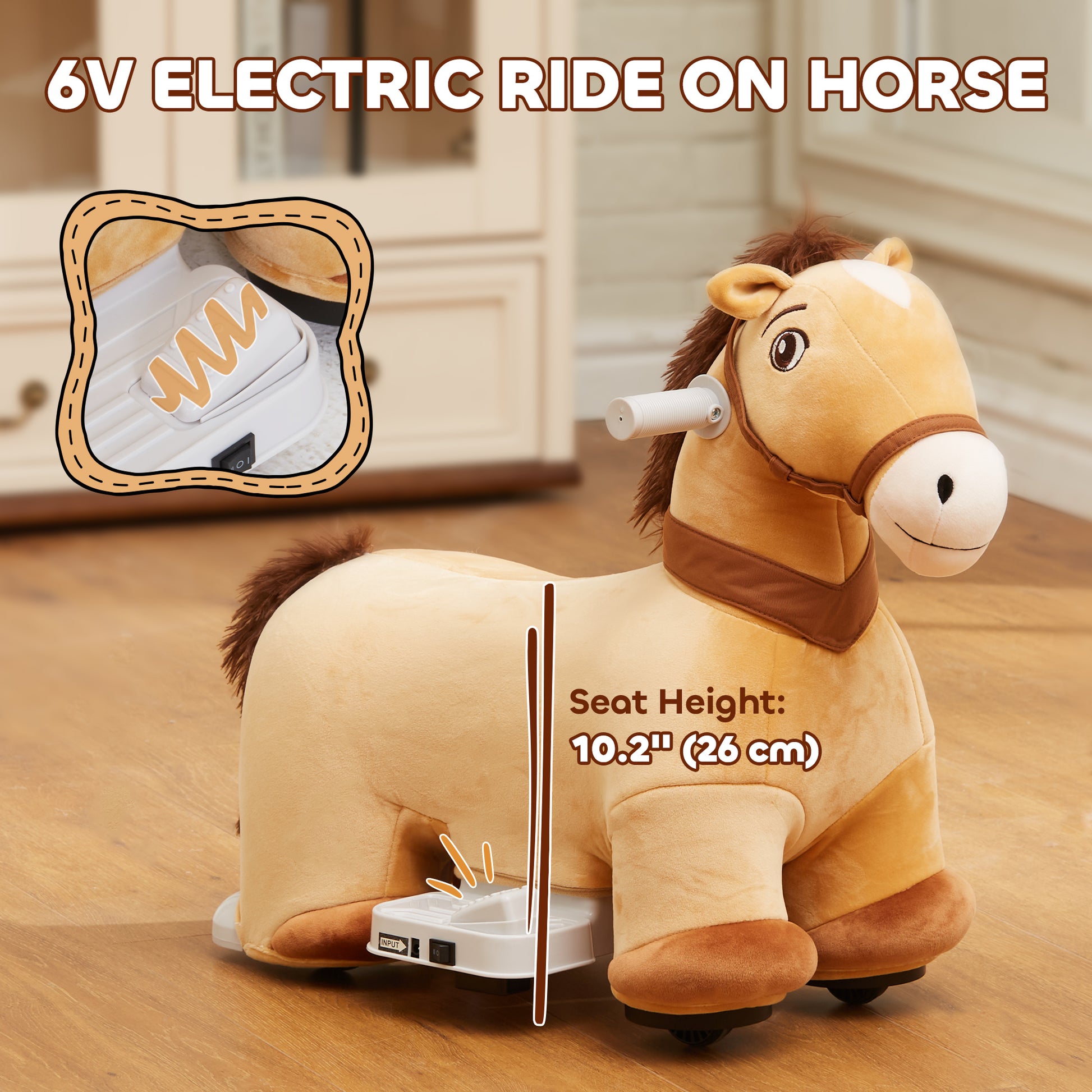 Qaba 6V Battery Powered Kids Ride on Animal Toy, Electric Ride on Horse with Music Forward, Brown