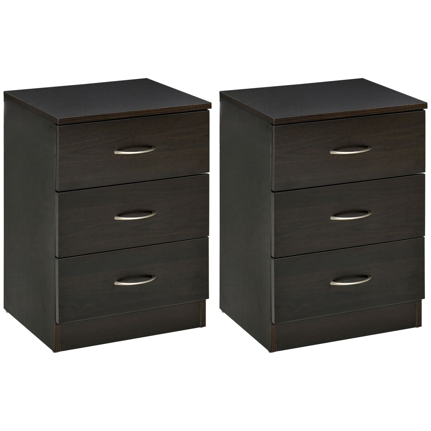 Bedside Table with 3 Drawers, Modern Wood Nightstand, Side Table with Anti-tipping Design for Bedroom, Set of 2, Dark Br