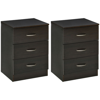 Bedside Table with 3 Drawers, Modern Wood Nightstand, Side Table with Anti-tipping Design for Bedroom, Set of 2, Dark Br