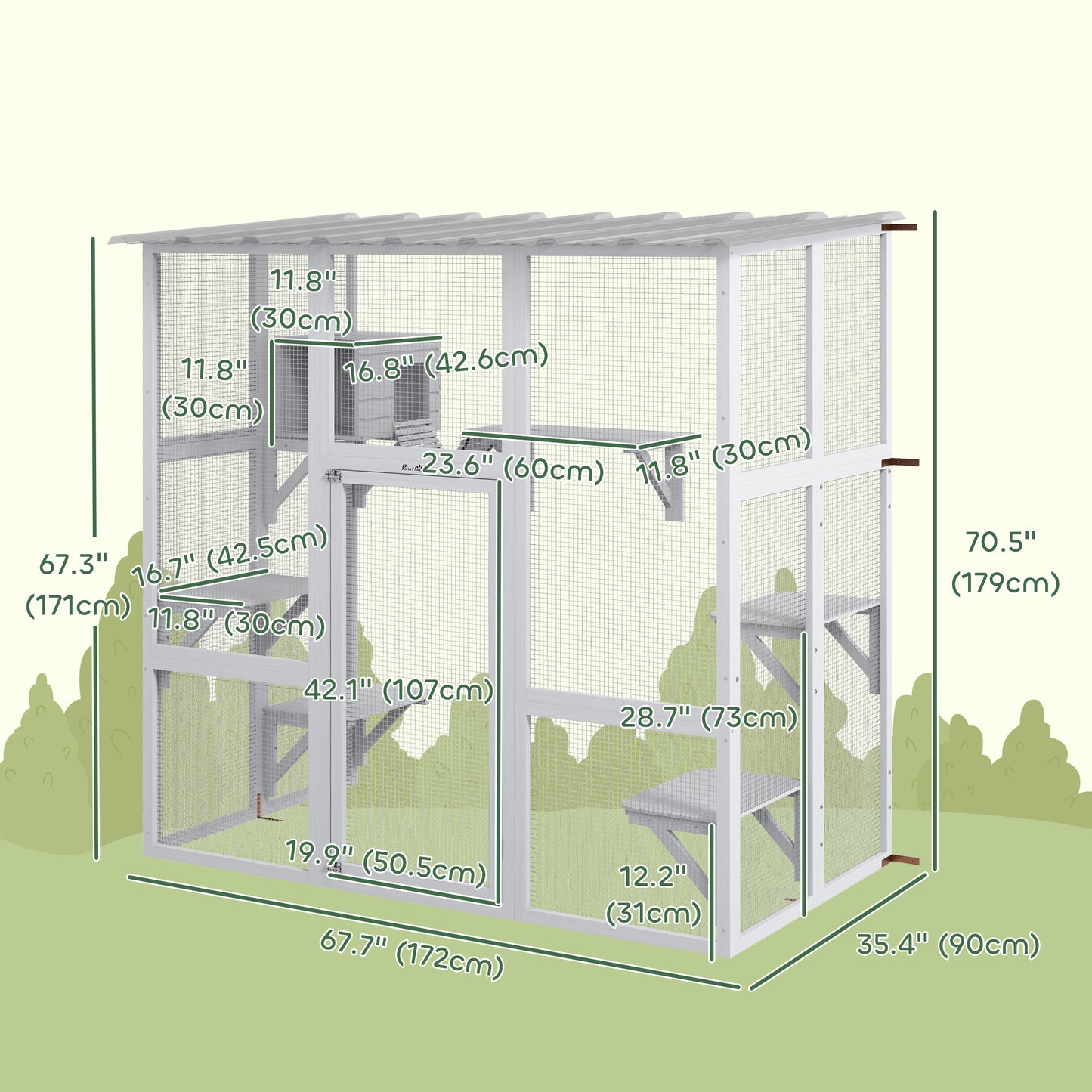 Large Outdoor Catio with Weatherproof Roof, Bridge, Resting Box, Platforms, White