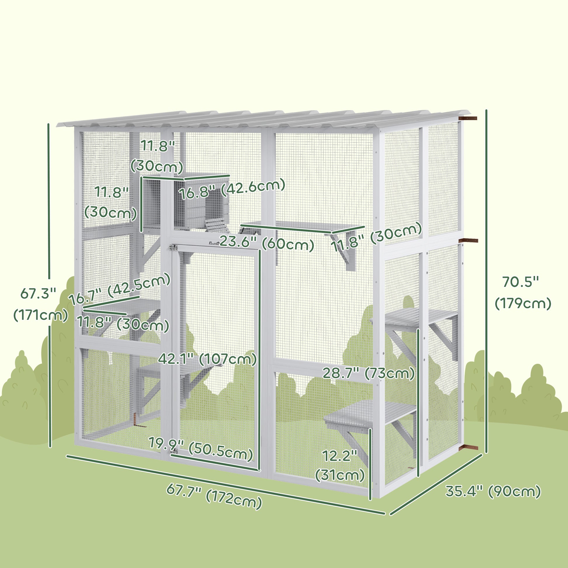 Large Outdoor Catio with Weatherproof Roof, Bridge, Resting Box, Platforms, White