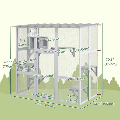 Large Outdoor Catio with Weatherproof Roof, Bridge, Resting Box, Platforms, White