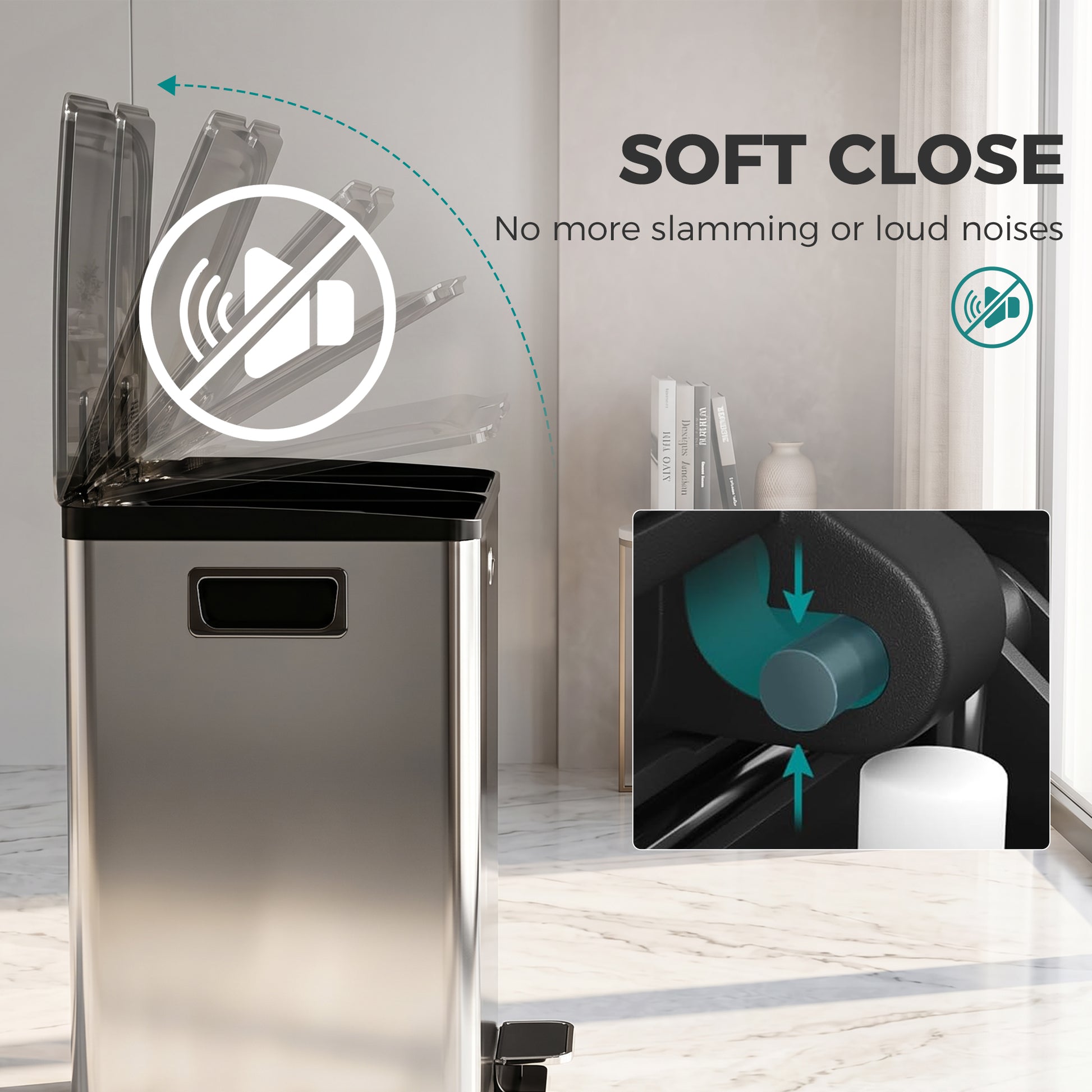 Garbage Bin, Soft-Close Trash Can with Foot Pedal, 2x5 Gal (2x20 L) Garbage Can with Removable Inner Buckets, Silver