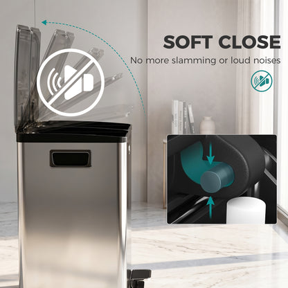 Garbage Bin, Soft-Close Trash Can with Foot Pedal, 2x5 Gal (2x20 L) Garbage Can with Removable Inner Buckets, Silver