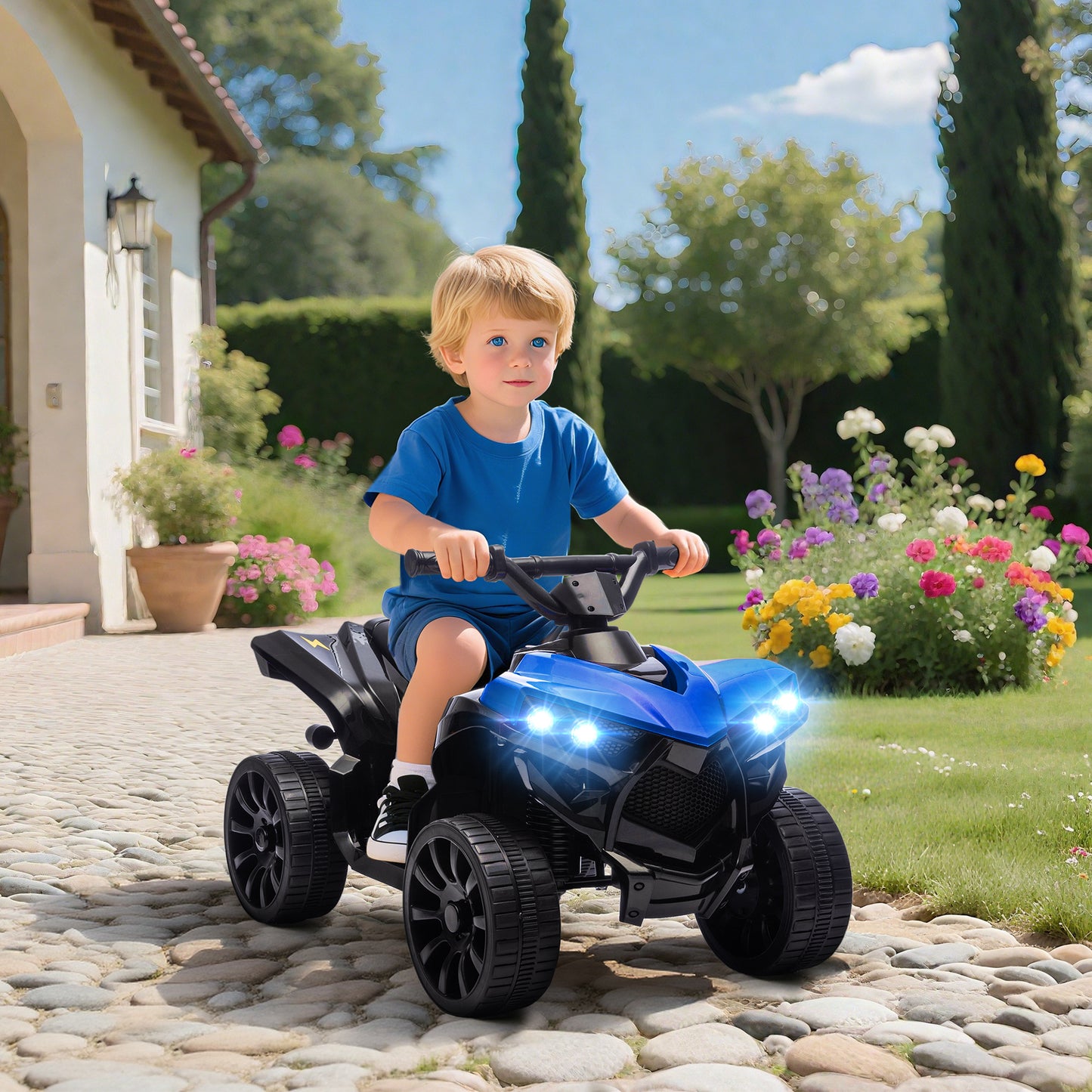 Qaba 6V Kids ATV, 4 Wheeler Electric Ride on Car with Music and LED Headlights, for Ages 37-72 Months Boys and Girls, Bl