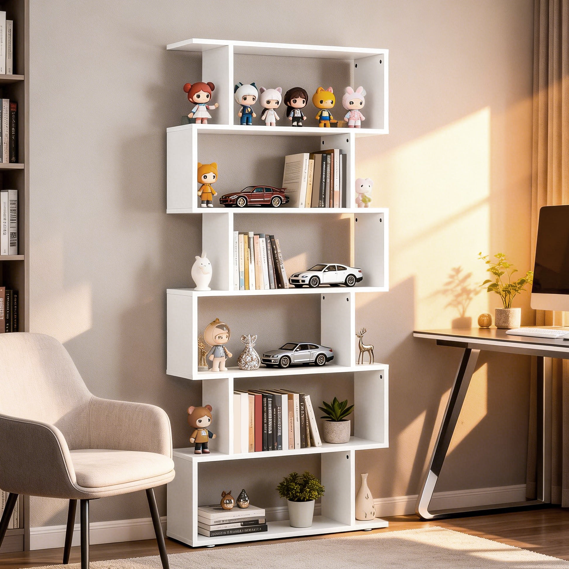 76" 6-Tier Geometric Wooden Bookcase S Shaped Storage Display Bookshelf Modern shelf Open Concept Living Room Home Offic