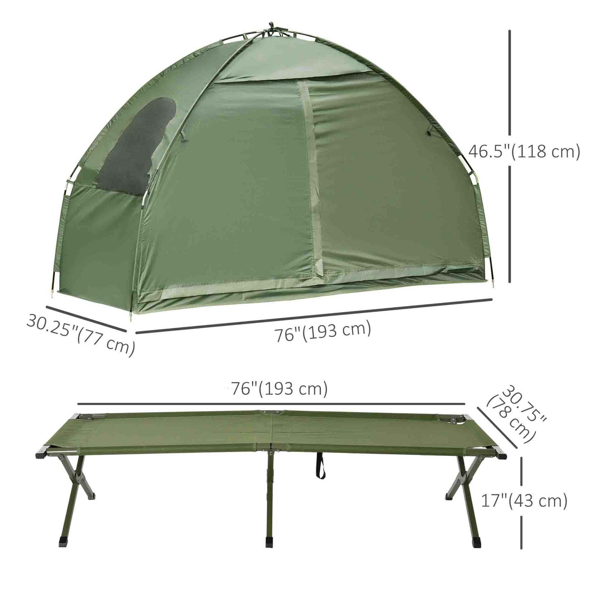 Compact Pop Up Portable Folding Outdoor Elevated Camping Cot Tent Combo Set Dark Green