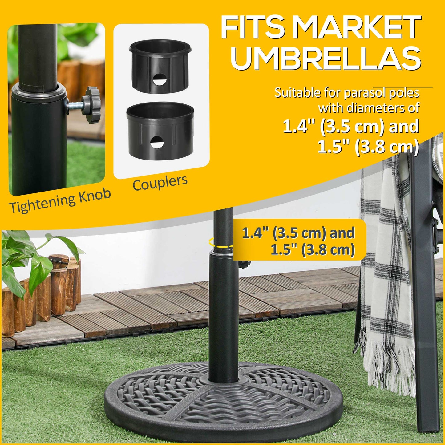 21 lbs Cement Round Market Umbrella Base Holder, 18" Heavy Duty Parasol Stand with Rattan Design for Patio, Black