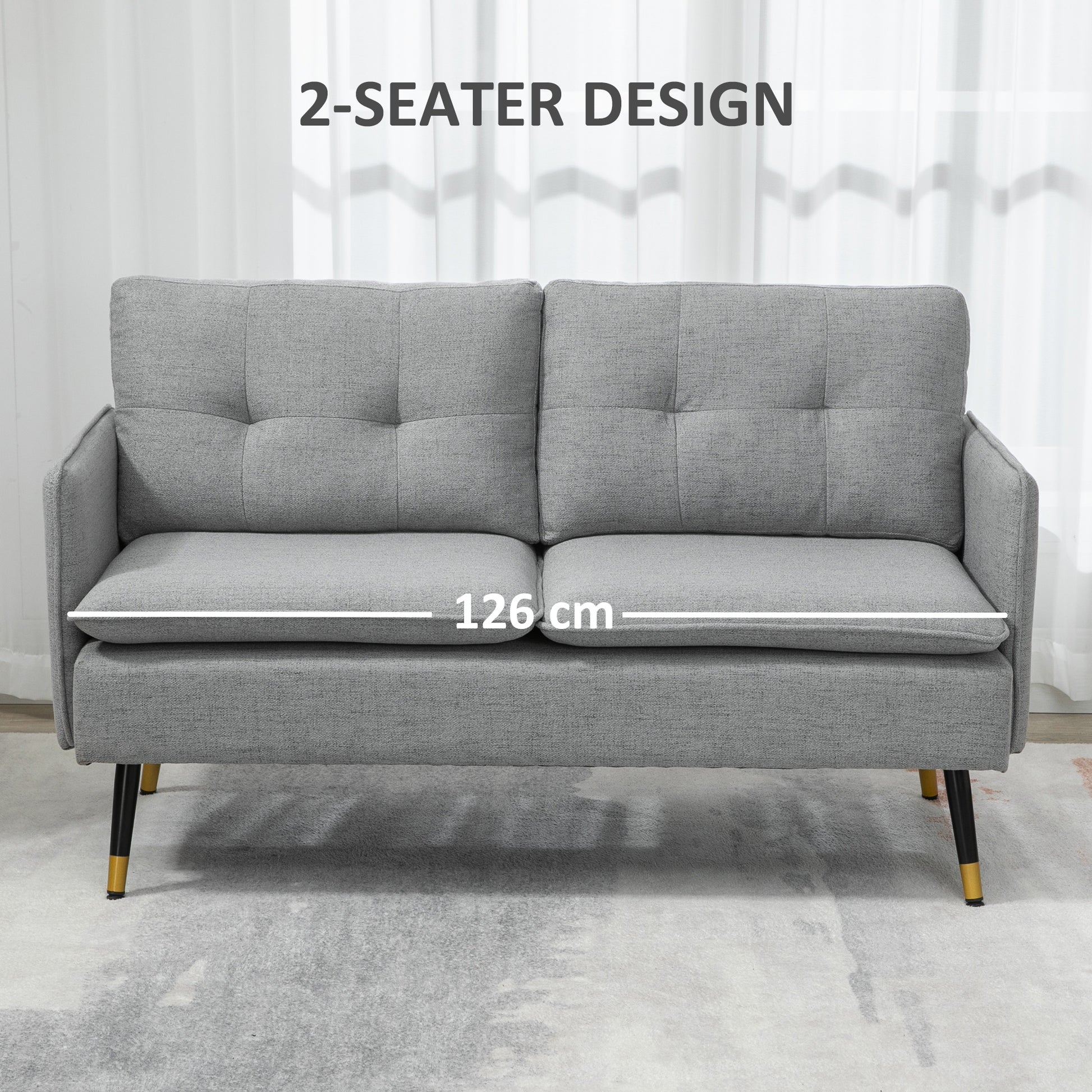 55" Loveseat Sofa, Linen Love Seat w/ S spring, Steel Legs and Button Tufting, Small Couch for Living Room, Grey