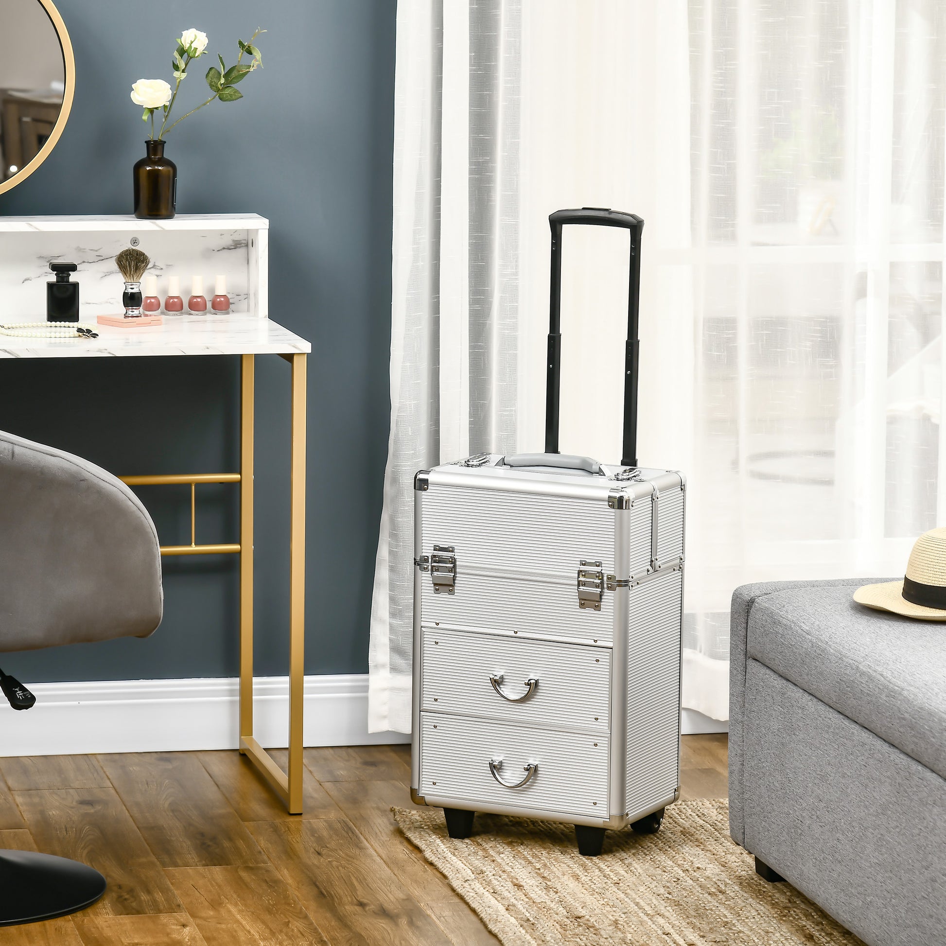 Aluminum Rolling Makeup Case, Portable Professional Cosmetic Makeup Case, Lockable Traveling Cart Trunk with Folding Tra