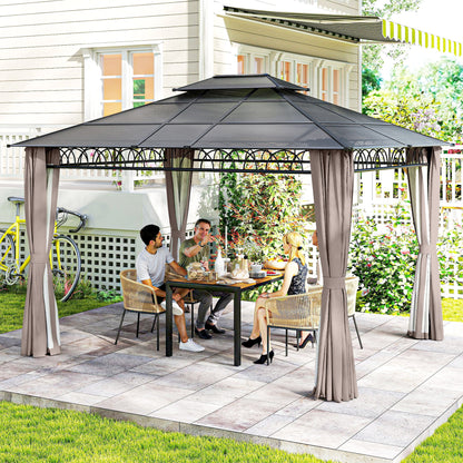 10' x 12' Outdoor Gazebo Canopy, Double Roof Hardtop Gazebo with Polycarbonate Roof, Steel Frame, Nettings and Curtains,