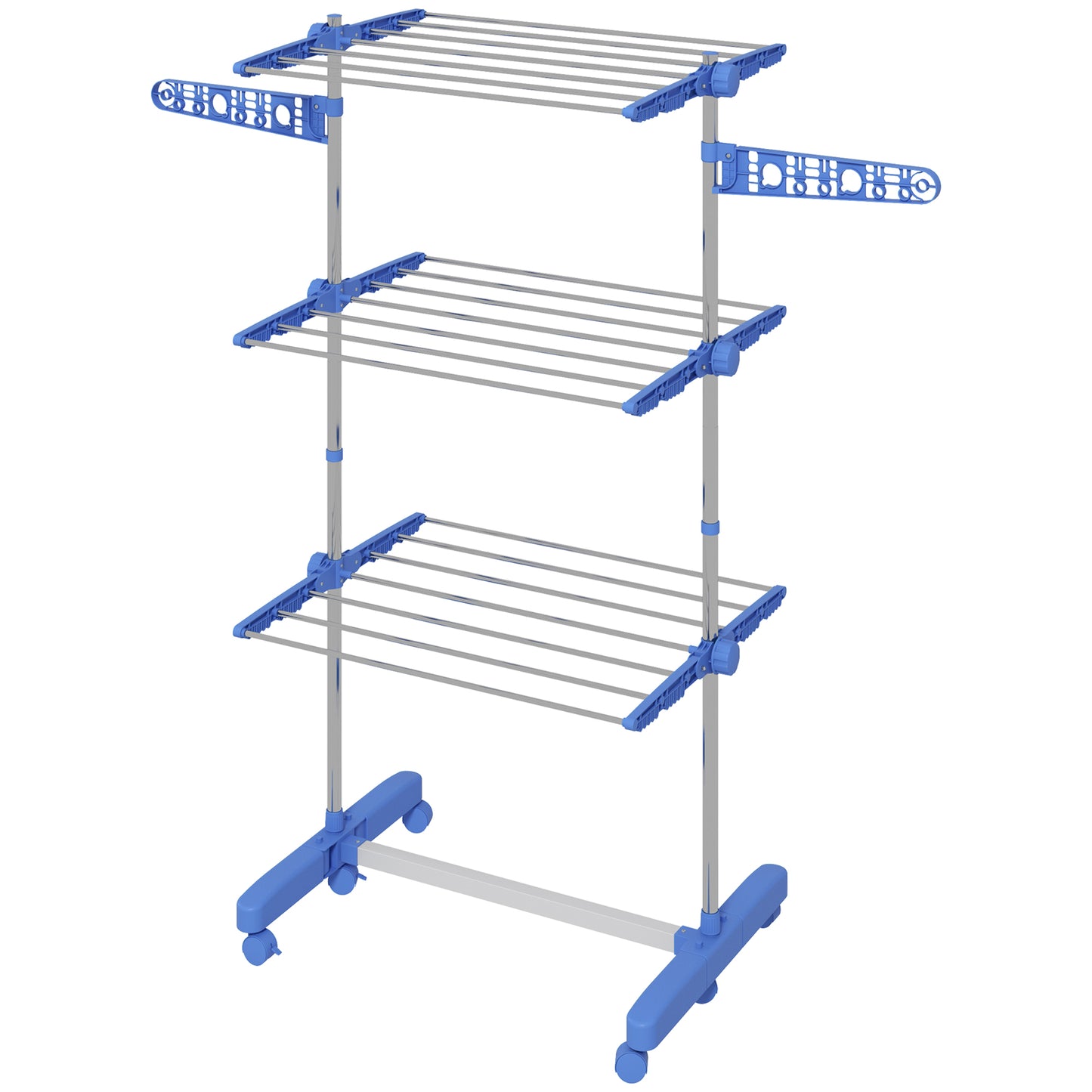 3-Tier Foldable Clothes Drying Rack, Stainless Steel Laundry Rack with 2 Side Wings and 6 Castors, Collapsible Adjustabl