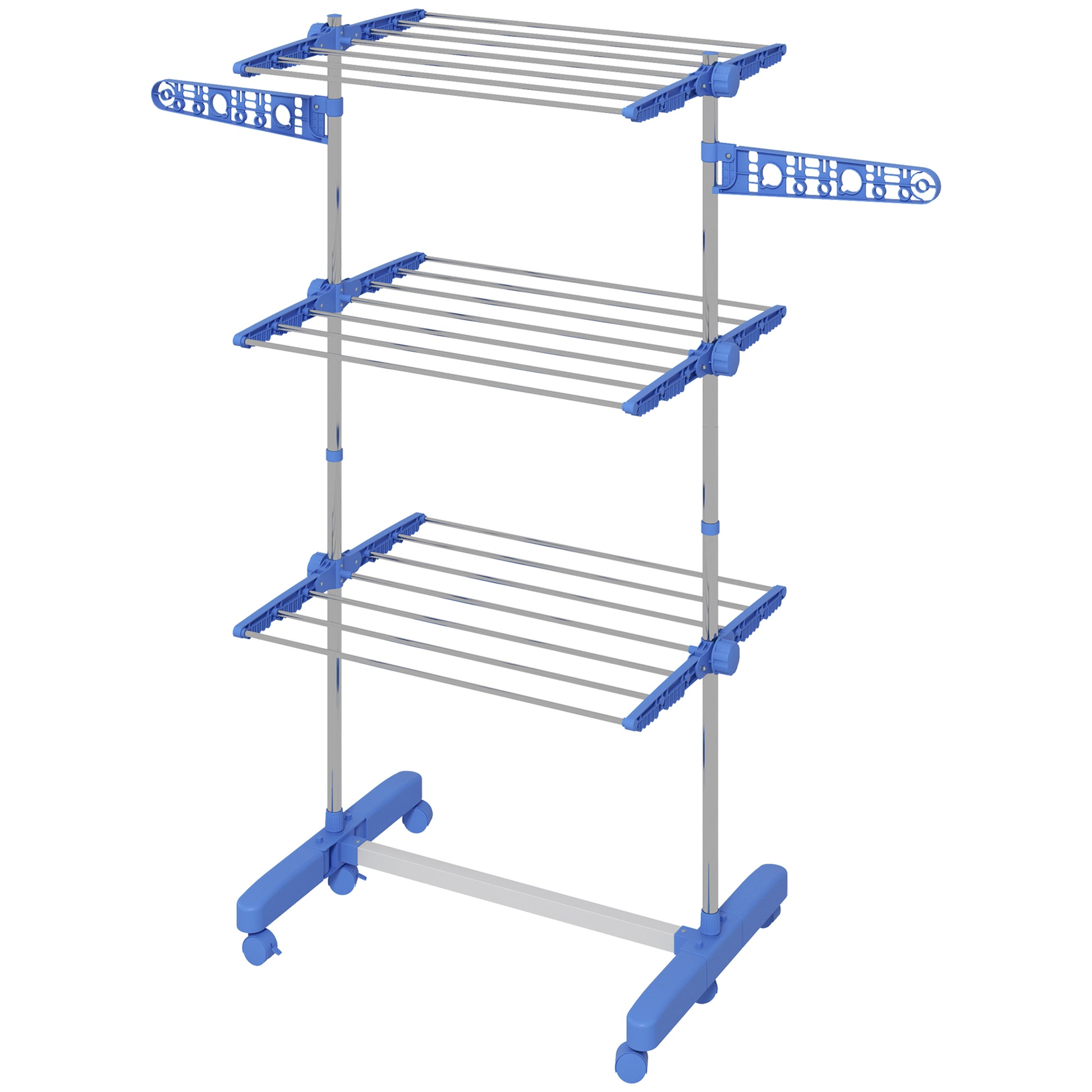 3-Tier Foldable Clothes Drying Rack, Stainless Steel Laundry Rack with 2 Side Wings and 6 Castors, Collapsible Adjustabl