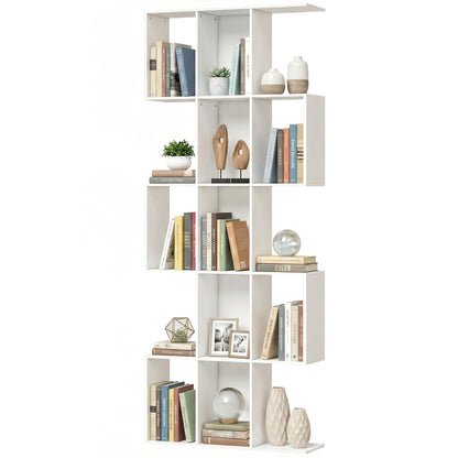 5-Tier Bookshelf, S Shaped Geometric Bookcase with 15 Compartments, White Wood Grain