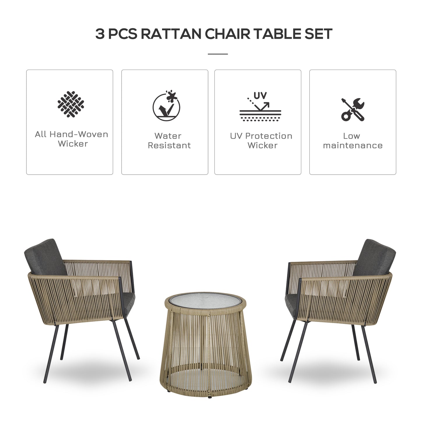 3 Pieces Wicker Patio Furniture Set, Rattan Bistro Set with Coffee Table and Cushions, Outdoor Conversation Set for Gard