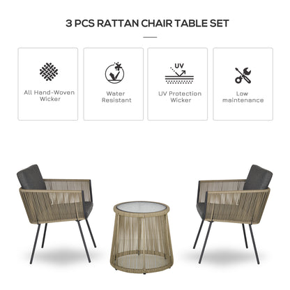 3 Pieces Wicker Patio Furniture Set, Rattan Bistro Set with Coffee Table and Cushions, Outdoor Conversation Set for Gard