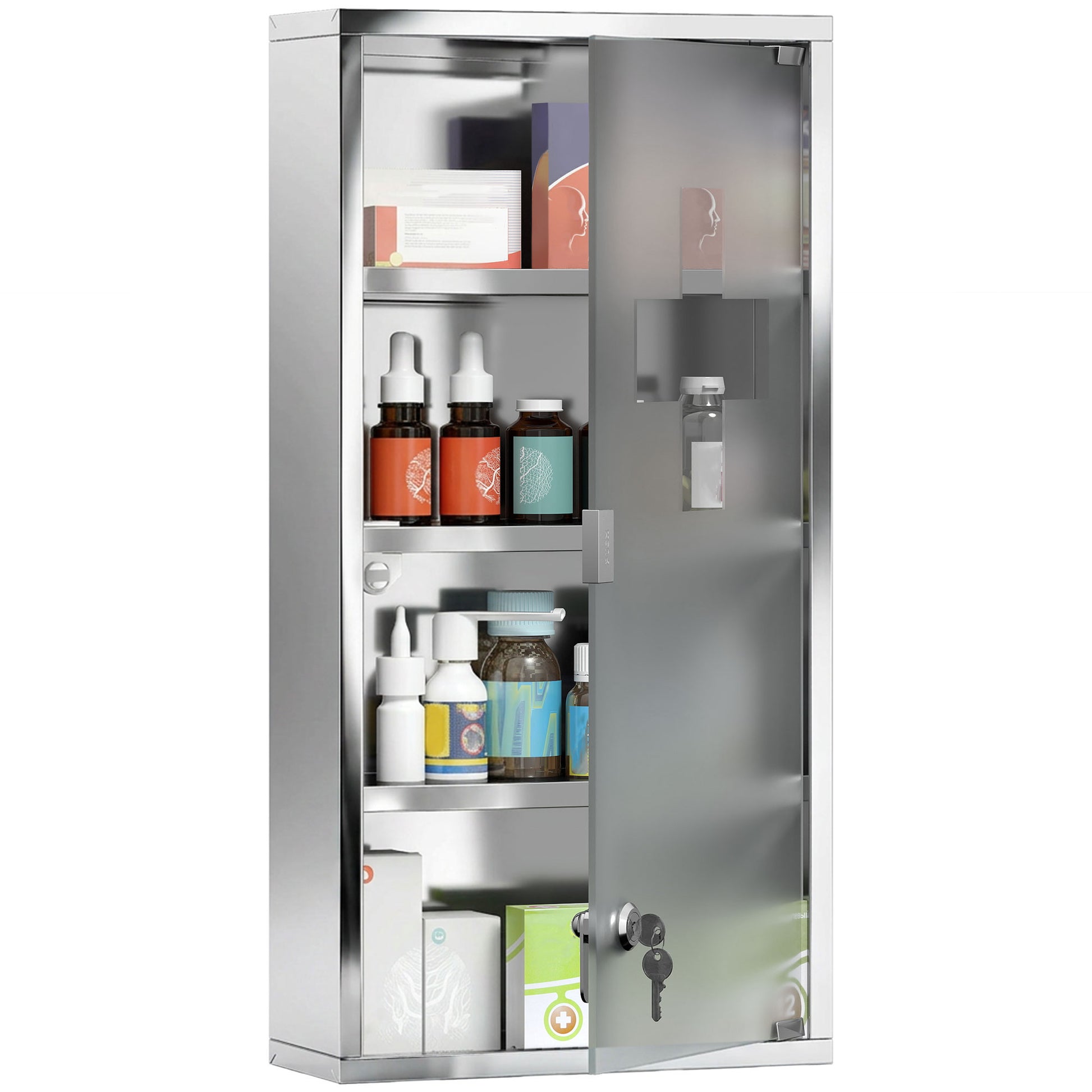 Wall Mount Medicine Cabinet, Bathroom Cabinet with 3 Tier Shelves, Stainless Steel Frame and Glass Door, Lockable with 2