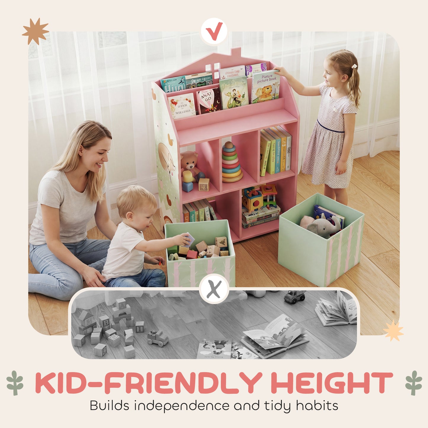 Qaba Kids Bookshelf with Storage, Toy Storage Unit with Book Display, Shelves and Fabric Drawers for Playroom Nursery, P