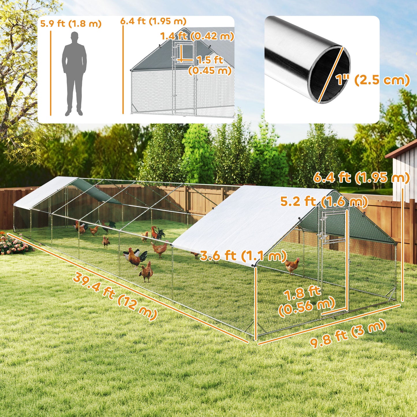 Metal Chicken Coop with Water- and UV-Protection Cover for Backyard Hen, Duck, Rabbit, 39.4' x 9.8' x 6.4'