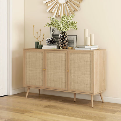 Kitchen Sideboard Cabinet, Boho Storage Cabinet with Shelves, Wood Legs, Decorative Rattan Doors, Natural