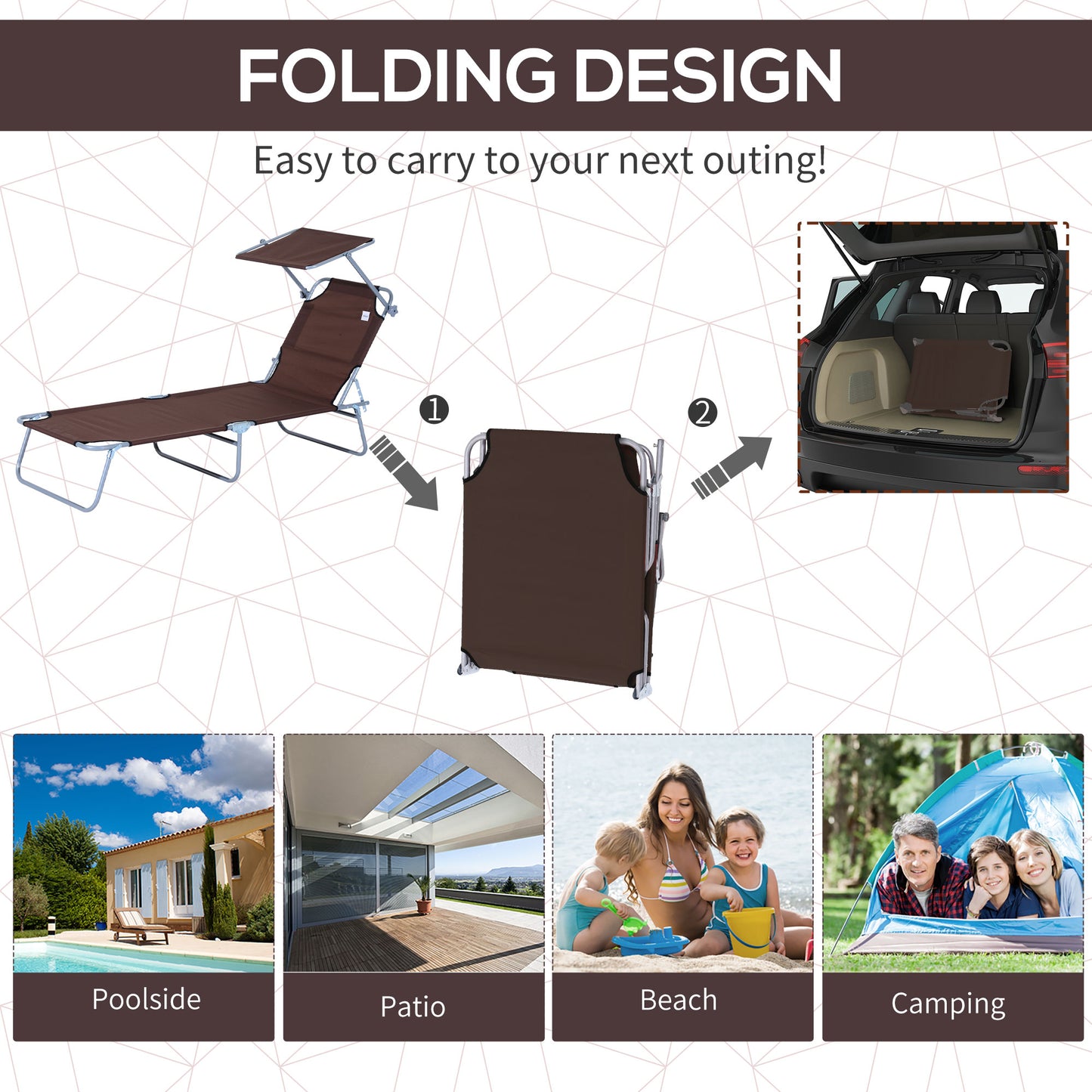 Outdoor Lounge Chair, Adjustable Folding Chaise Lounge,  Tanning Chair with Sun Shade for Beach, Camping, Hiking, Backya