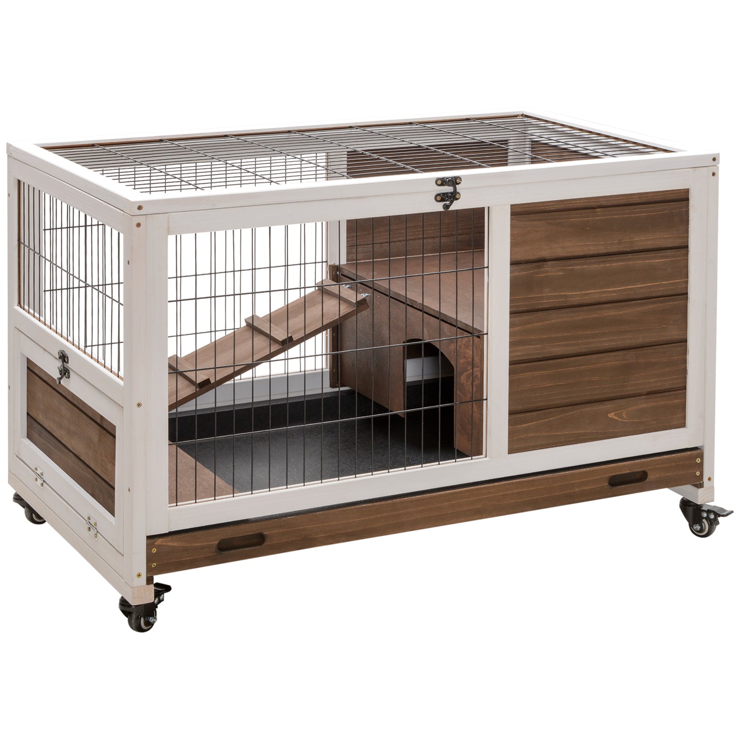 Wooden Indoor Rabbit Hutch Elevated Bunny Cage Habitat with Enclosed Run with Wheels, Ideal for Rabbits and Guinea Pigs,