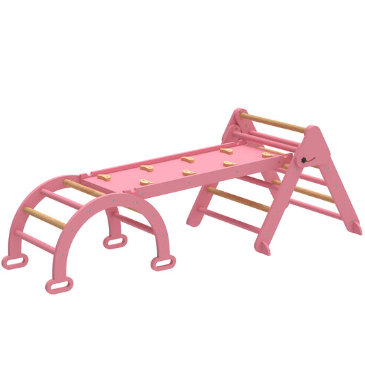 Qaba 7-in-1 Pikler Triangle Set, Foldable Wooden Climbing Toys with Arch, Ramp and Ladder for Toddlers 1-4 Years, Pink