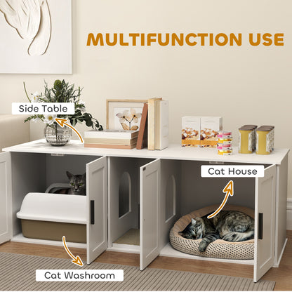 Cat Litter Box Enclosure with Double Room, Scratching Board for 2 Cats, 57" x 19" x 20", White