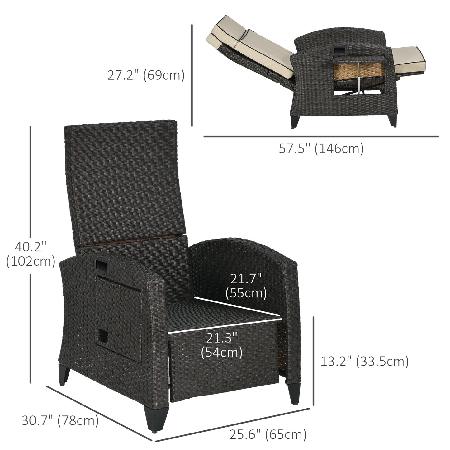 Outdoor Recliner Chair with Adjustable Backrest and Footrest, Washable Cushion, Side Tray, Up to 352 lbs, Khaki