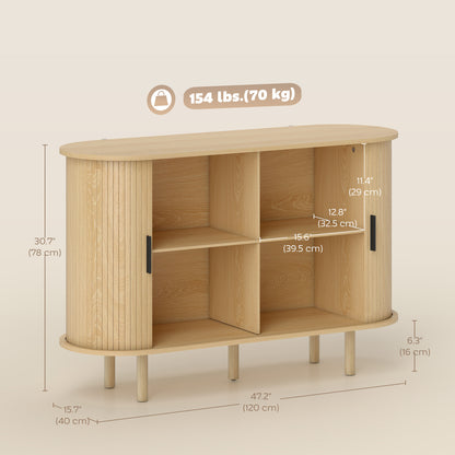 47" Buffet Cabinet with Tambour Sliding Doors, Fluted Sideboard with Storage Shelves and Wooden Legs, Oak