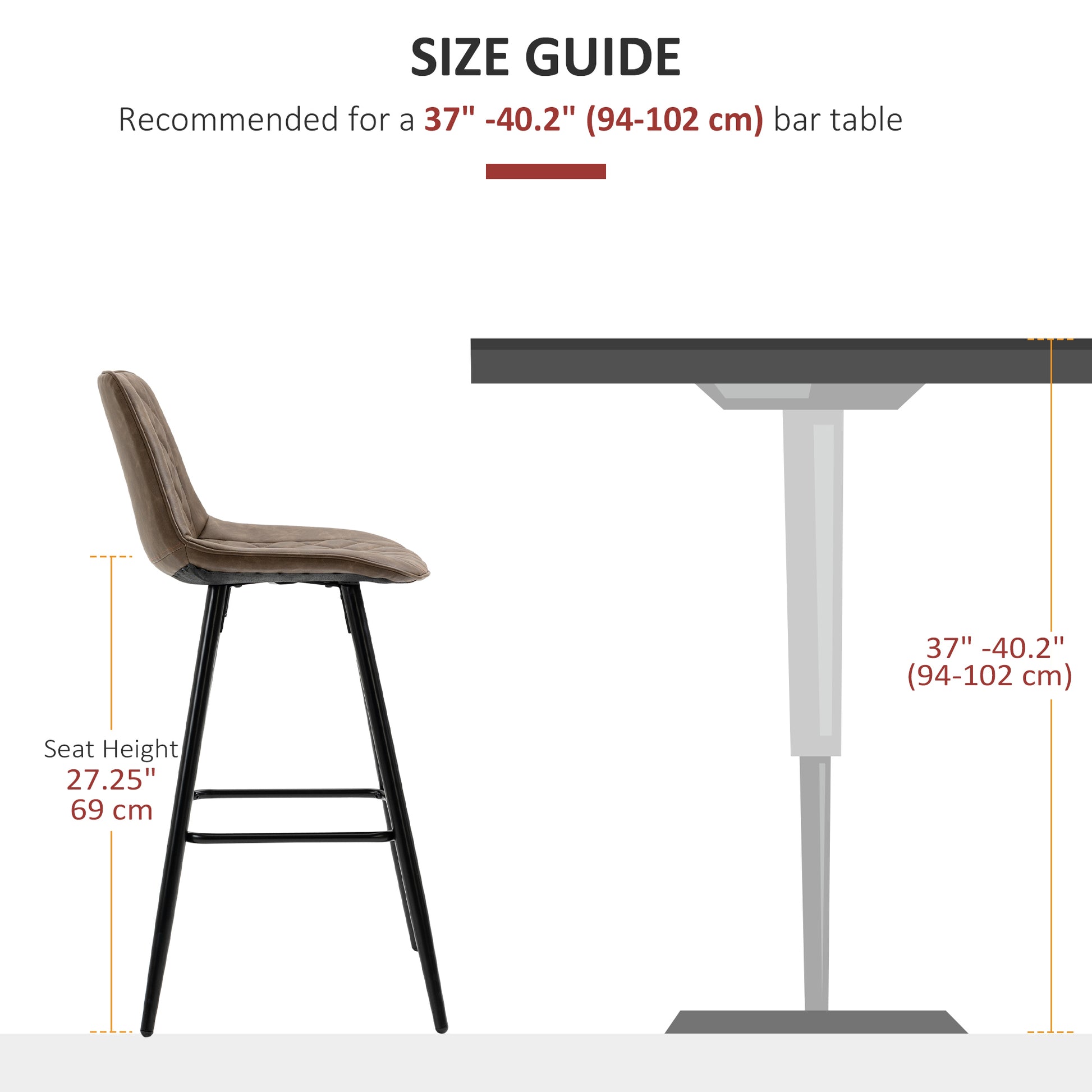 PU Leather Counter Height Bar Chairs Set of 2, 27.75" Bar Stools with Metal Legs for Dining Area, Kitchen Island, Brown