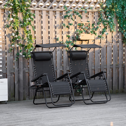 2 Piece Foldable Lounge Chair with Canopy Shade, Outdoor Zero Gravity Chair w/ Side Tray & Cup Holder, Reclining Lounger