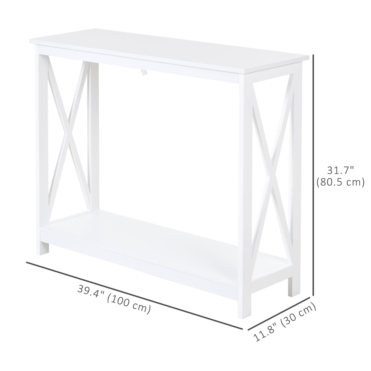 40" Console Table, 2 Tier X-Design Narrow Entryway Table with Storage Shelf for Behind Couch, Living Room, Hallway, Whit