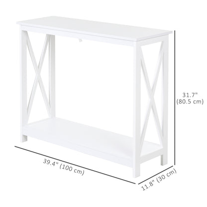 40" Console Table, 2 Tier X-Design Narrow Entryway Table with Storage Shelf for Behind Couch, Living Room, Hallway, Whit