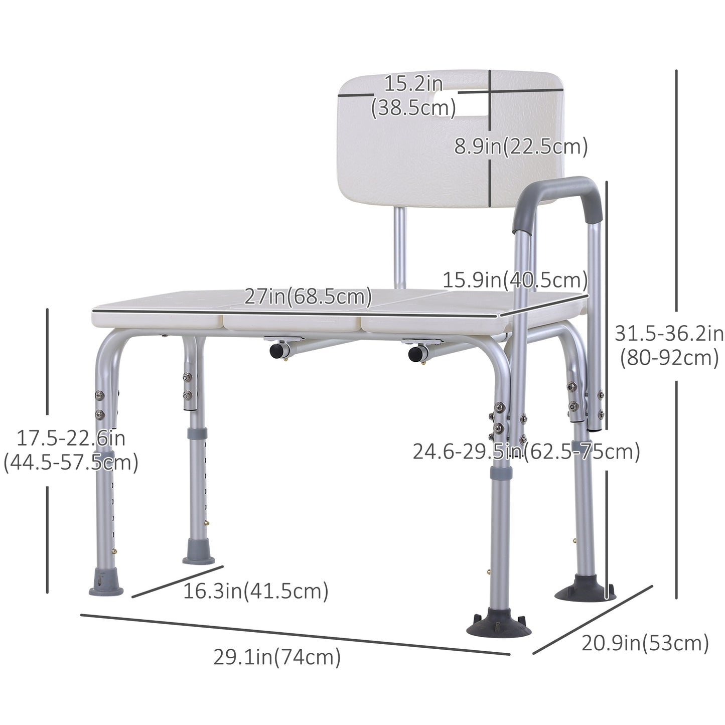 6-Level Adjustable Bath and Shower Transfer Bench Aluminum Chair with Non-Slip Feet, Armrest & Backrest White
