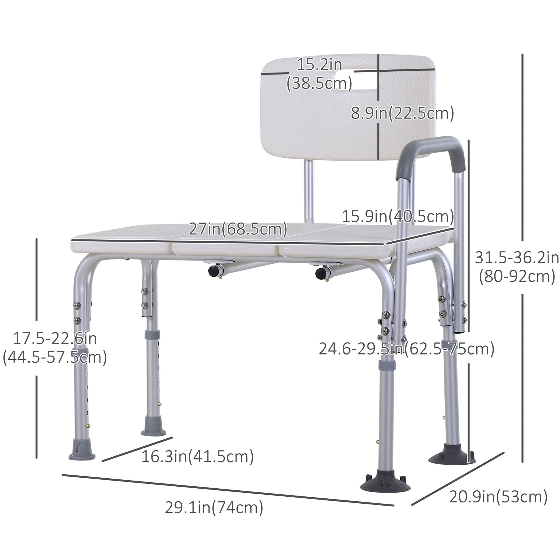 6-Level Adjustable Bath and Shower Transfer Bench Aluminum Chair with Non-Slip Feet, Armrest & Backrest White