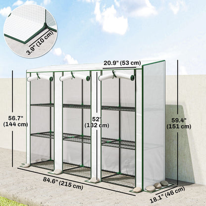 Lean-to Greenhouse with 3 Tier Shelves, Mini Greenhouse with 3 Roll-Up Doors for Indoor Outdoor, White